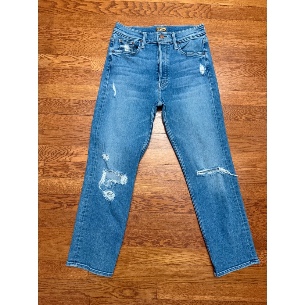 MOTHER High Waisted Straight Leg Distressed Jeans Blue Size 27 Button Fly